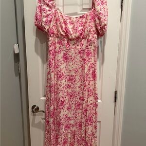 London Times Pink Floral on Cream Maxi Dress with Puff Sleeves